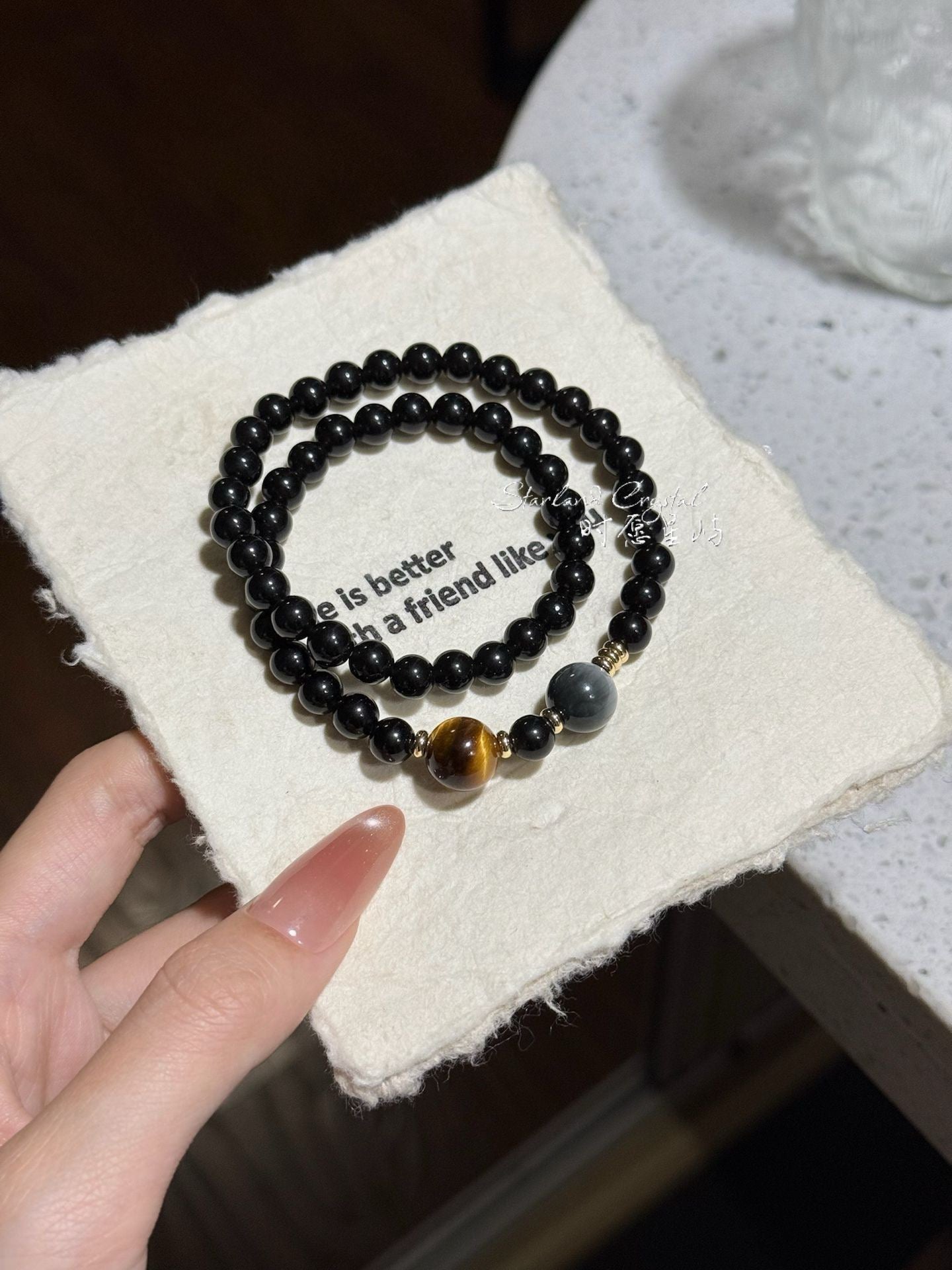 "Interstellar" Slim Double-Wrap Bracelet (6mm Edition) - Natural Black Obsidian & Tiger’s Eye for Wealth, Protection & Positive Energy