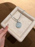 "Glacial Dew" Sky Blue Cat’s-Eye Peace Disc Necklace - Translucent Minimalist Pendant for Serenity, Protection & Ethereal Elegance