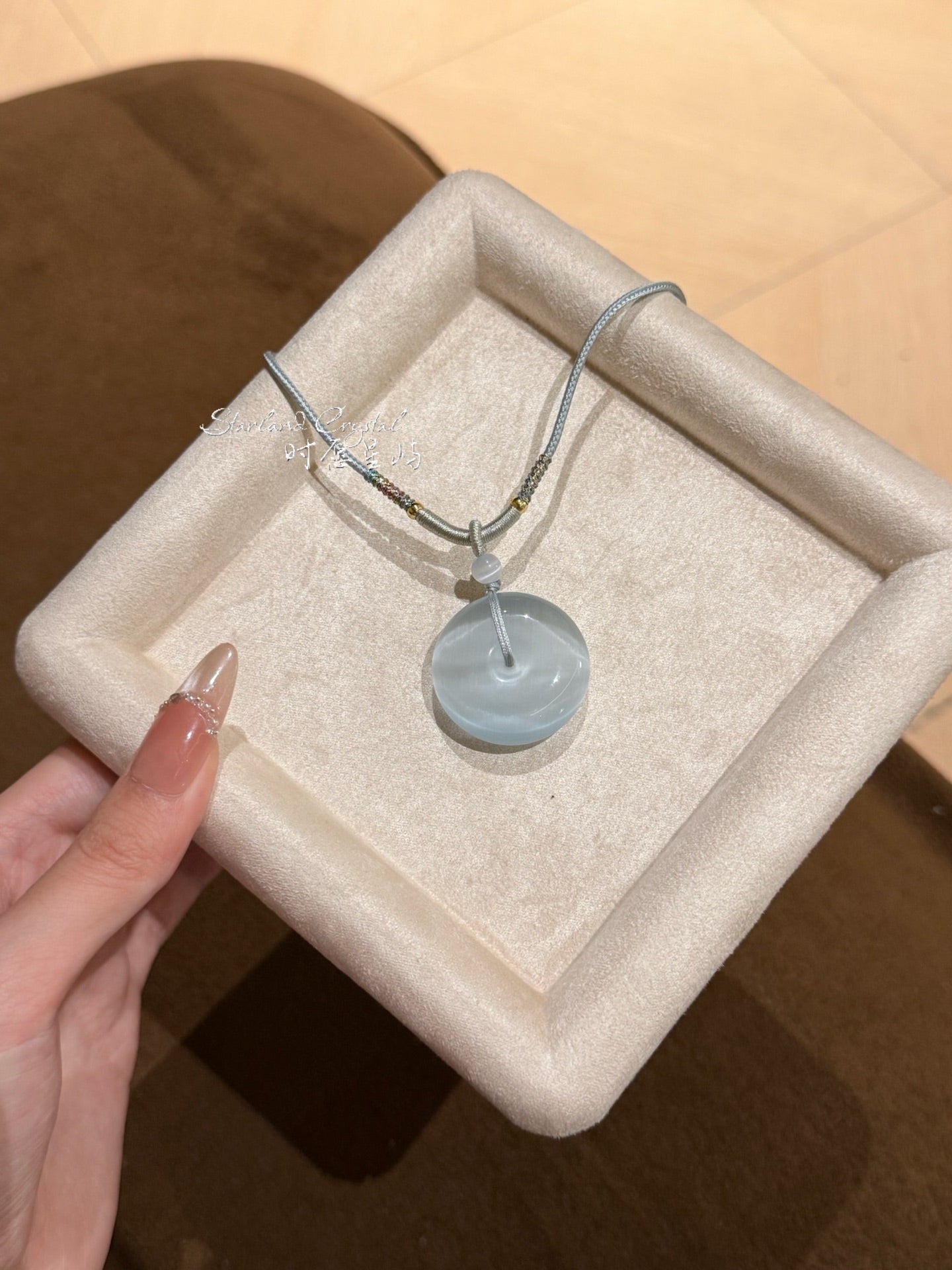 "Glacial Dew" Sky Blue Cat’s-Eye Peace Disc Necklace - Translucent Minimalist Pendant for Serenity, Protection & Ethereal Elegance