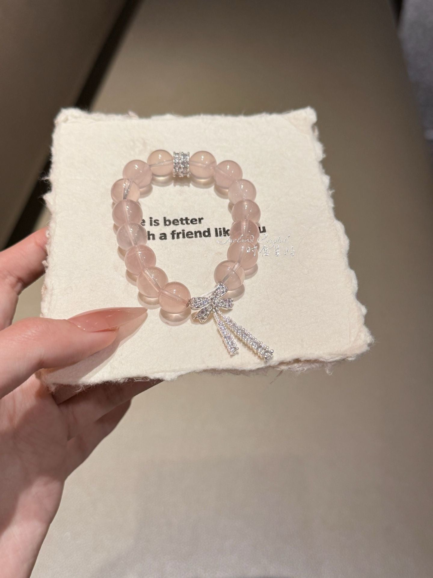 "Cherry Blossom Muse" Natural Rose Quartz Bow Bracelet - Romantic Healing Crystal for Love, Harmony & Sweet Daily OOTD