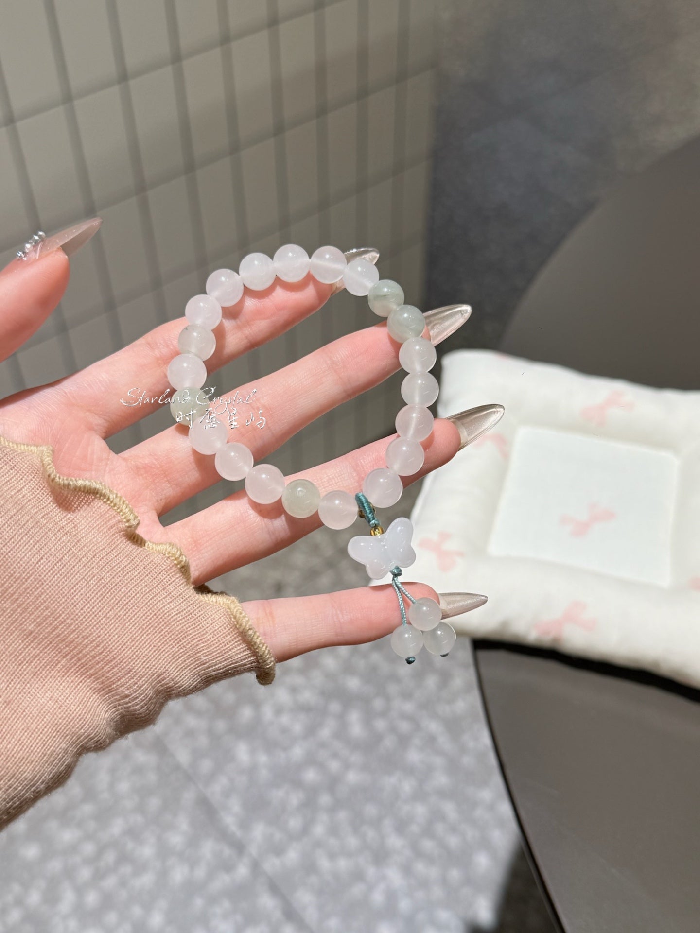 "Ethereal Butterfly" Tianshan Green Jade Bracelet - Natural Translucent Jadeite with Dainty Butterfly Charm for Prosperity & Joy