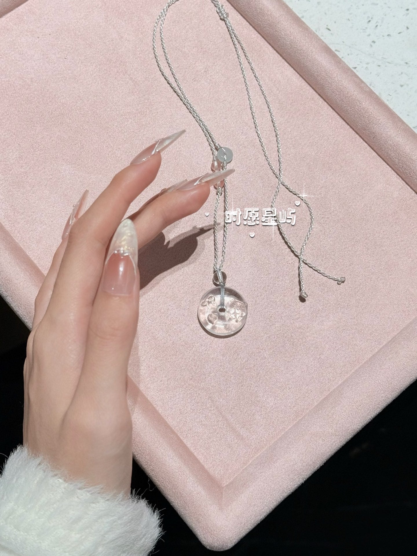 "Cuddle Bear" Natural Clear Quartz Peace Disc Necklace - Hand-Woven Cord with Bow & Heart Accents for Purity, Luck & Sweetness