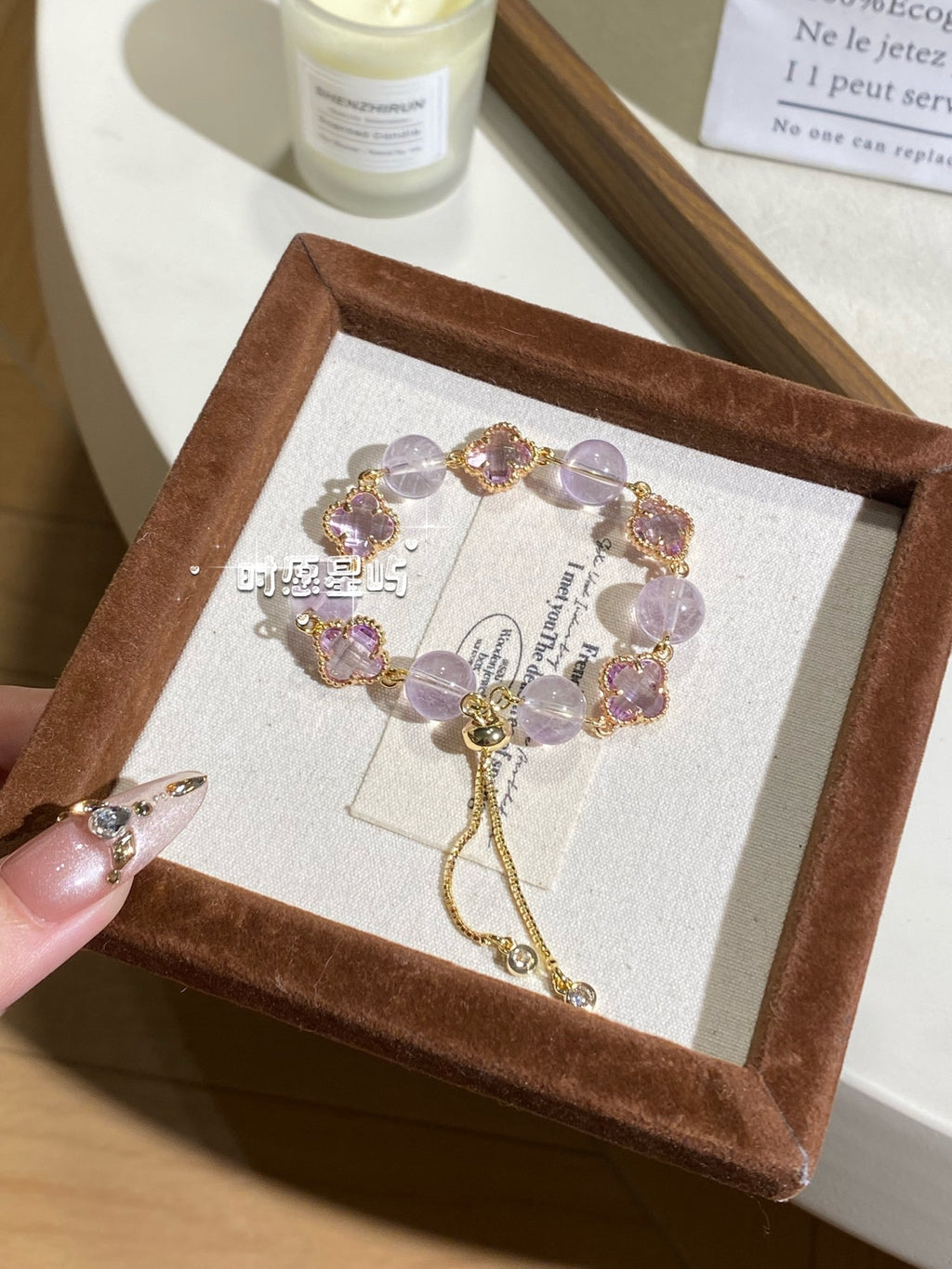 "Lavender Provence" Four-Leaf Clover Amethyst Bracelet - Natural Purple Crystal for Luck, Career Success & Energy Purification