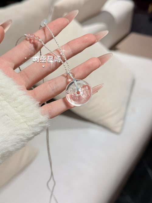 "Cuddle Bear" Natural Clear Quartz Peace Disc Necklace - Hand-Woven Cord with Bow & Heart Accents for Purity, Luck & Sweetness