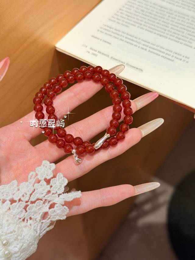 "Silver Fish & Red Agate" Double-Wrap Bracelet - Natural Red Agate Beads with Sterling Silver Charm for Luck, Wellness & Prosperity