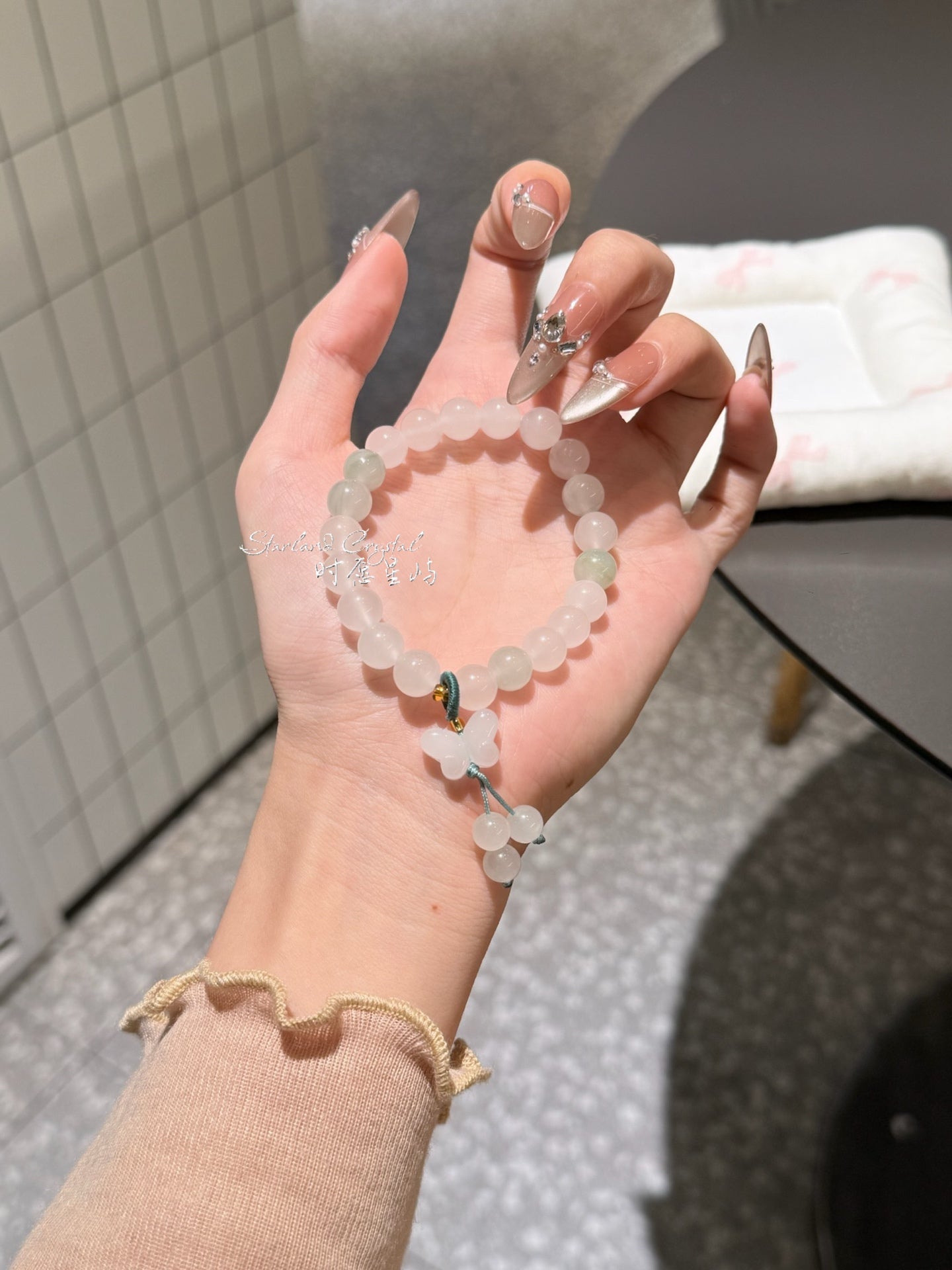 "Ethereal Butterfly" Tianshan Green Jade Bracelet - Natural Translucent Jadeite with Dainty Butterfly Charm for Prosperity & Joy