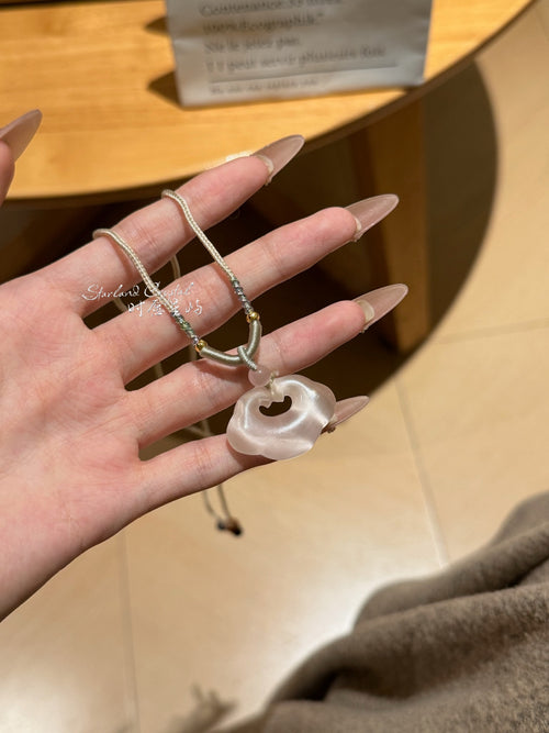 "Ballet Ribbon" Powder Pink Cat’s-Eye Peace Lock Necklace - Luminous Ruyi Pendant for Romance, Inner Peace & Gentle Radiance