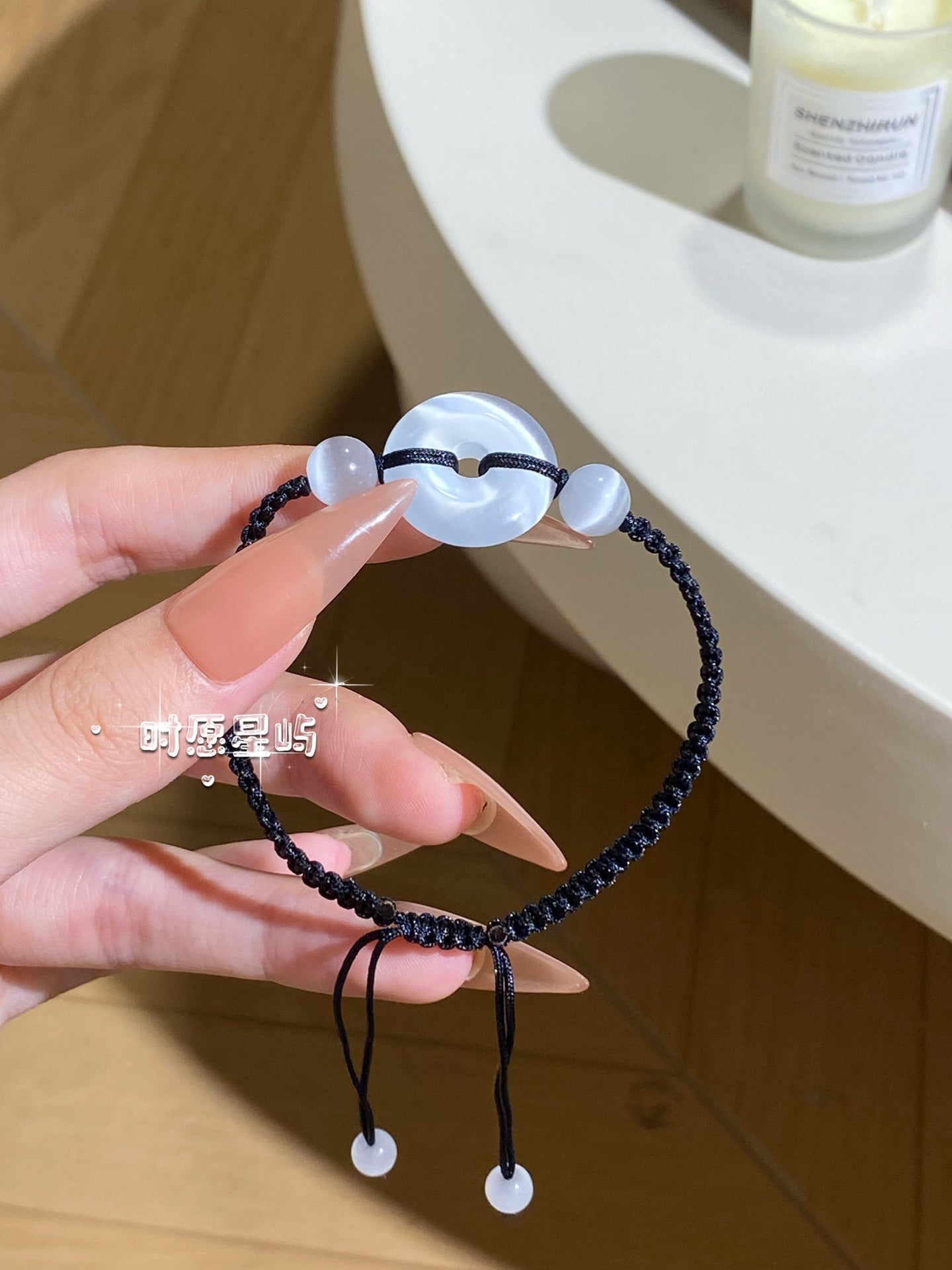 "Lunar Eye" Deep Blue Cat’s-Eye Peace Disc Bracelet - Hand-Woven Black Cord for Protection, Serenity & Cool-Toned Elegance