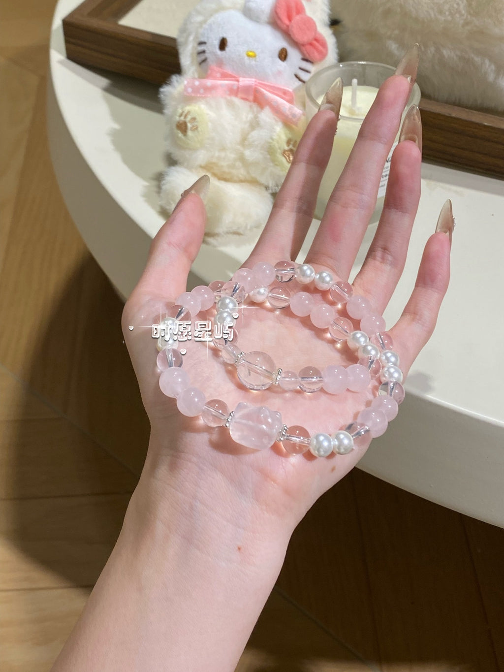 Peach Sorbet: Adorable Kitty Rose Quartz Double-Wrap Bracelet - Natural Pink Crystal & Clear Quartz Jewelry for Girls