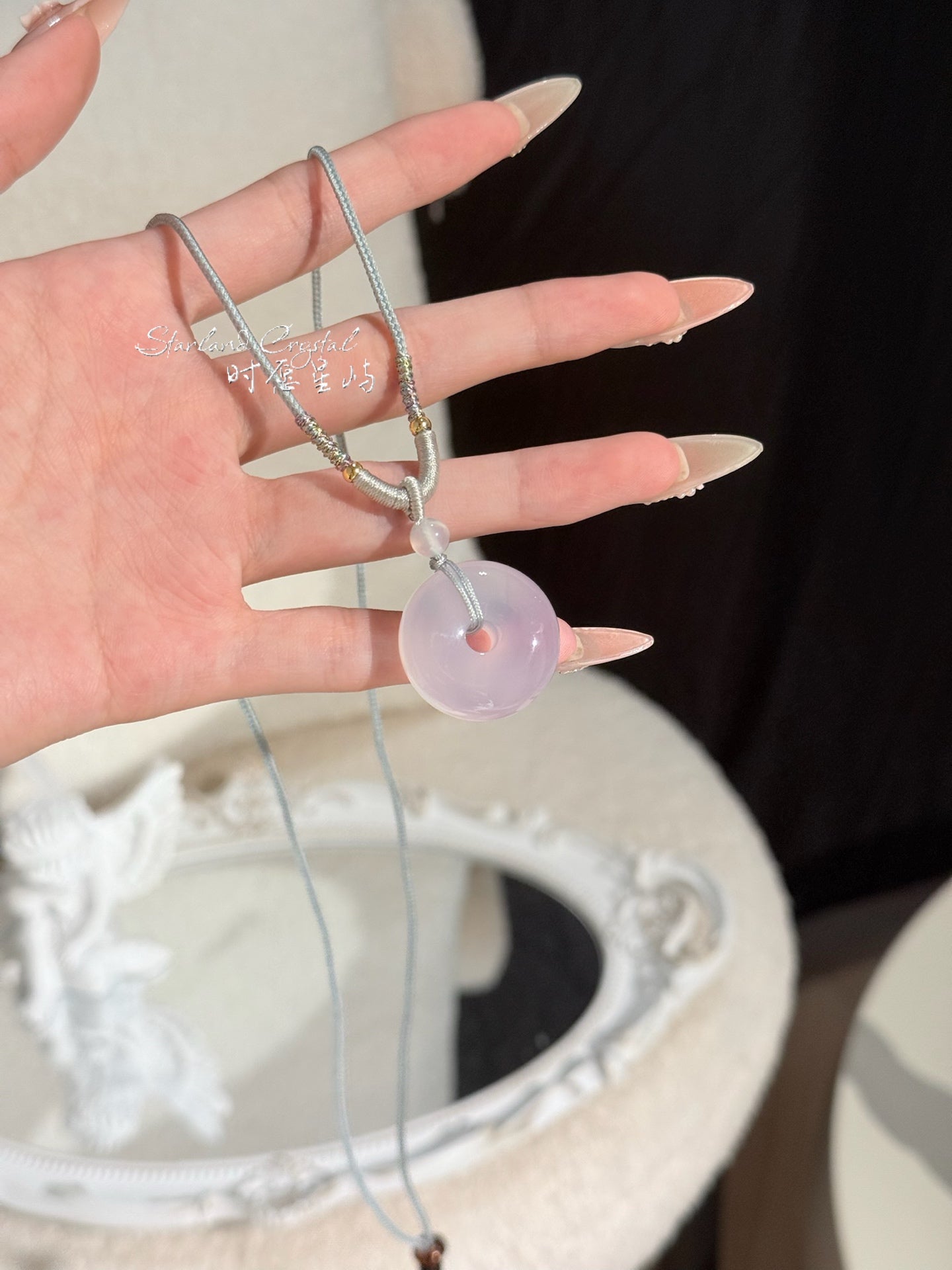 "Lavender Serenity" Natural Purple Chalcedony Peace Disc Necklace - Translucent Jadeite-Textured Pendant for Peace, Elegance & Emotional Calm