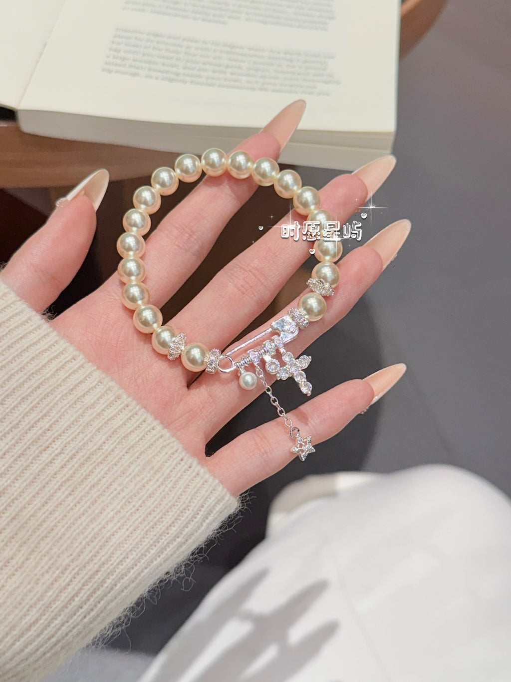 "Milky Way Star" Pearl Bracelet - S925 Silver Safety Pin & Pavé Cross Charms for Elegance, Protection & Radiant Glow