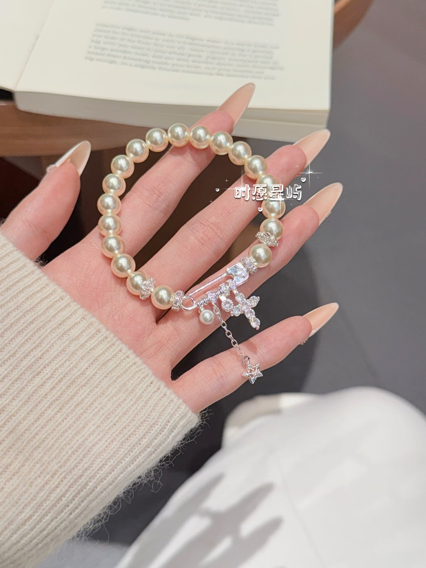"Milky Way Star" Pearl Bracelet - S925 Silver Safety Pin & Pavé Cross Charms for Elegance, Protection & Radiant Glow
