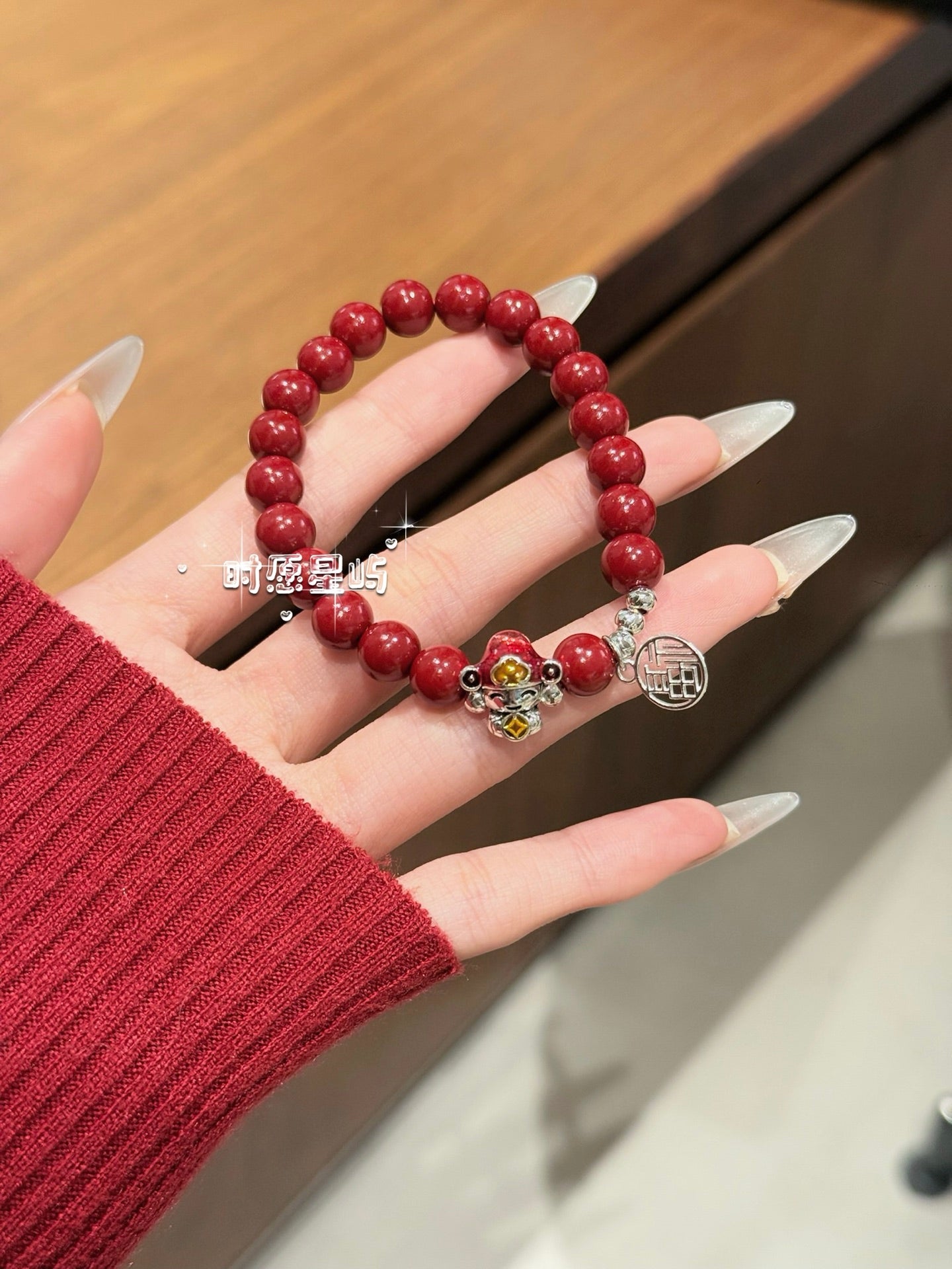 "Golden Abundance" Natural Cinnabar Bracelet - Hand-Carved God of Wealth & Hollow "Fu" Charm for Prosperity, Luck & Protection