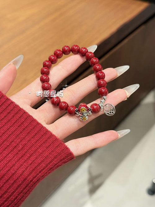 "Golden Abundance" Natural Cinnabar Bracelet - Hand-Carved God of Wealth & Hollow "Fu" Charm for Prosperity, Luck & Protection