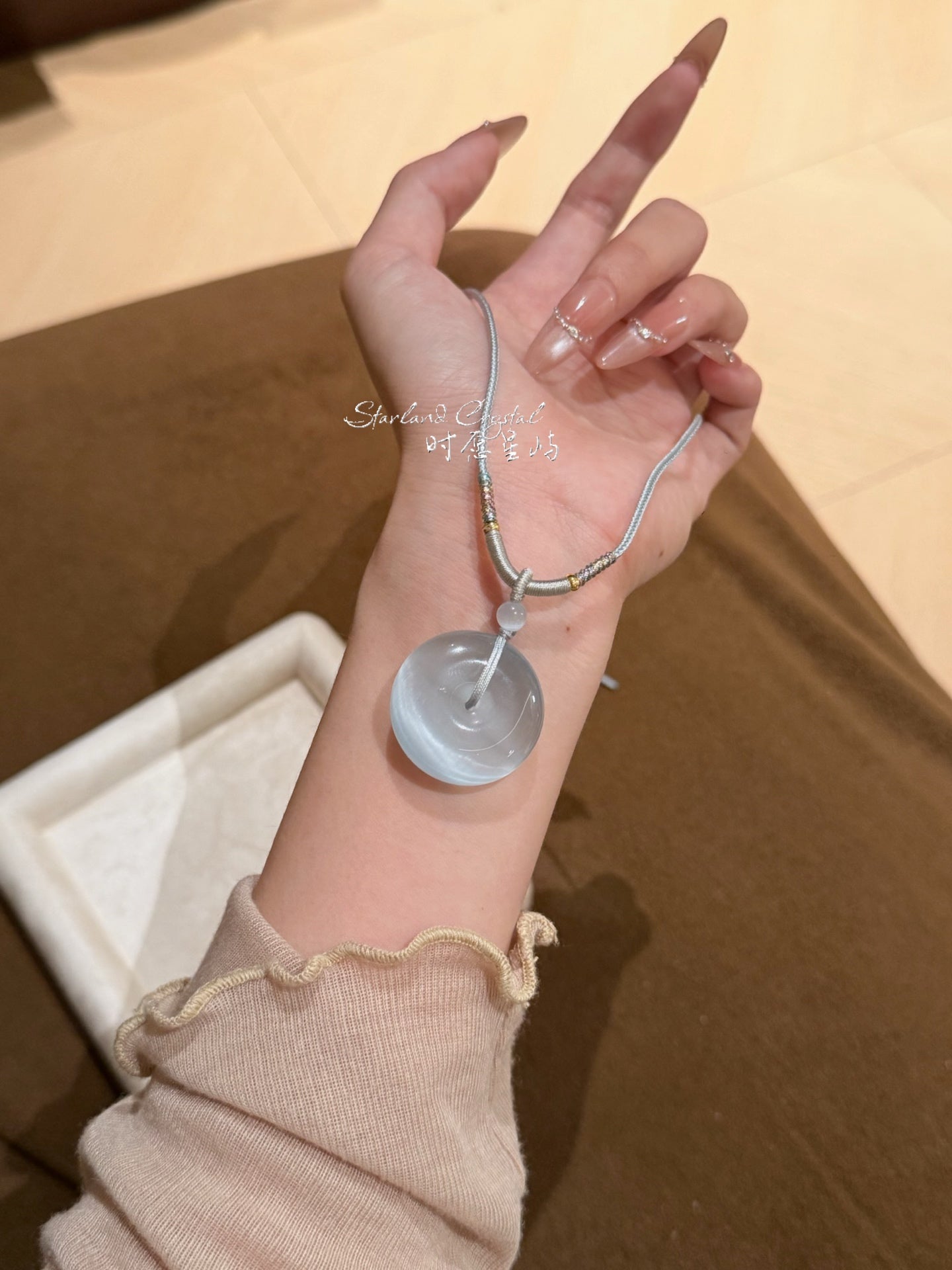 "Glacial Dew" Sky Blue Cat’s-Eye Peace Disc Necklace - Translucent Minimalist Pendant for Serenity, Protection & Ethereal Elegance