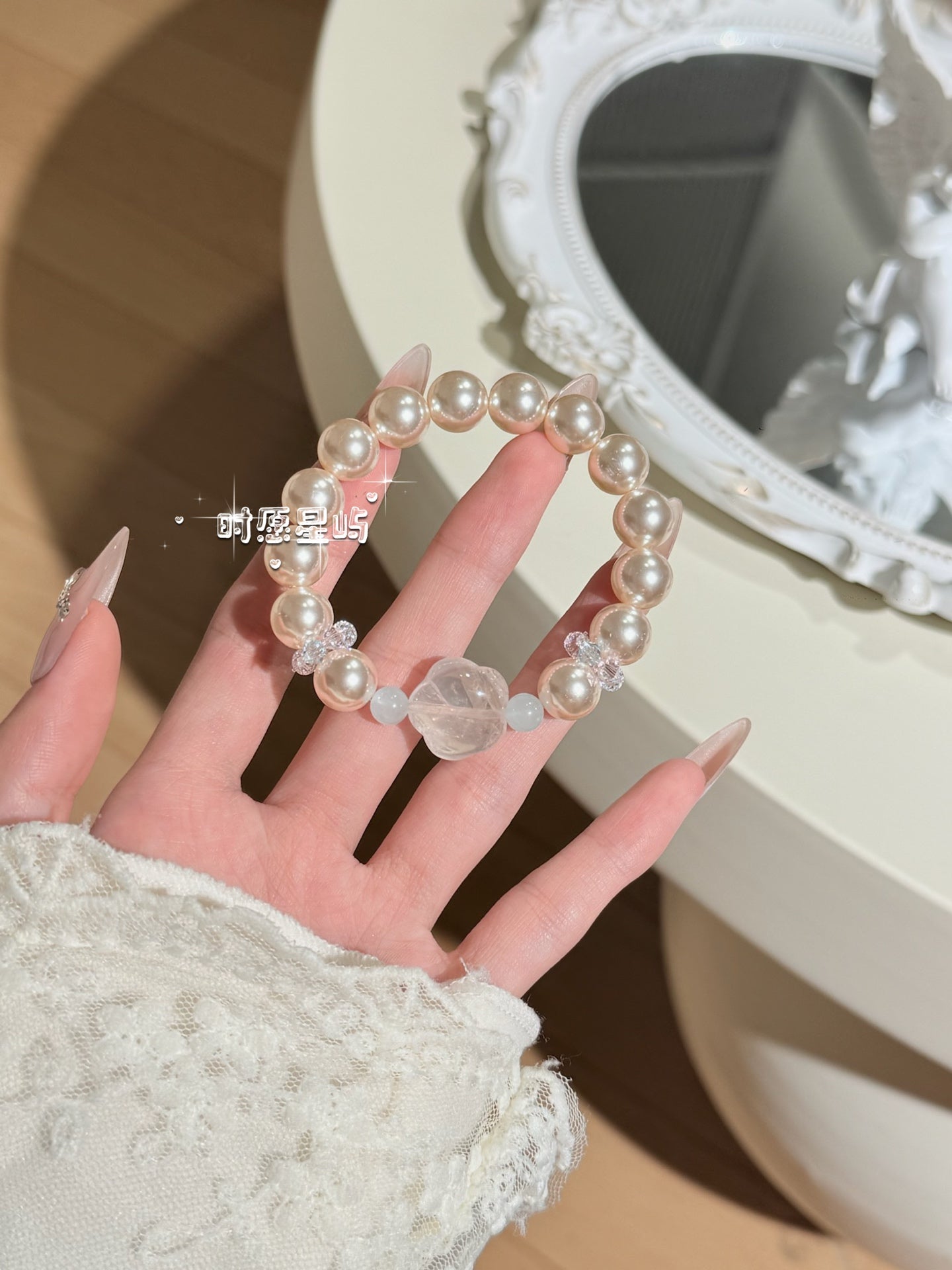 "Sea Salt White Tea" Natural Aquamarine & Rose Quartz Flower Bracelet - Dreamy Mother-of-Pearl Beads for Love, Calm & Anxiety Relief