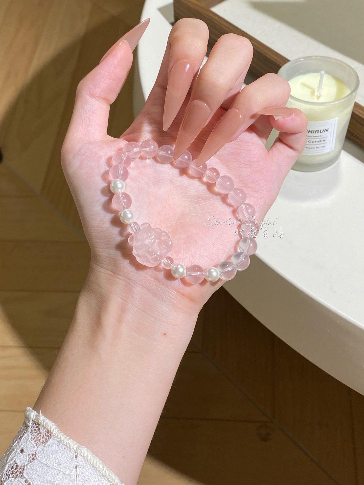 "Sweetheart Fox" Peach Soda Rose Quartz Bracelet - Natural Pink Crystal with Mother-of-Pearl Accents for True Love & Healing