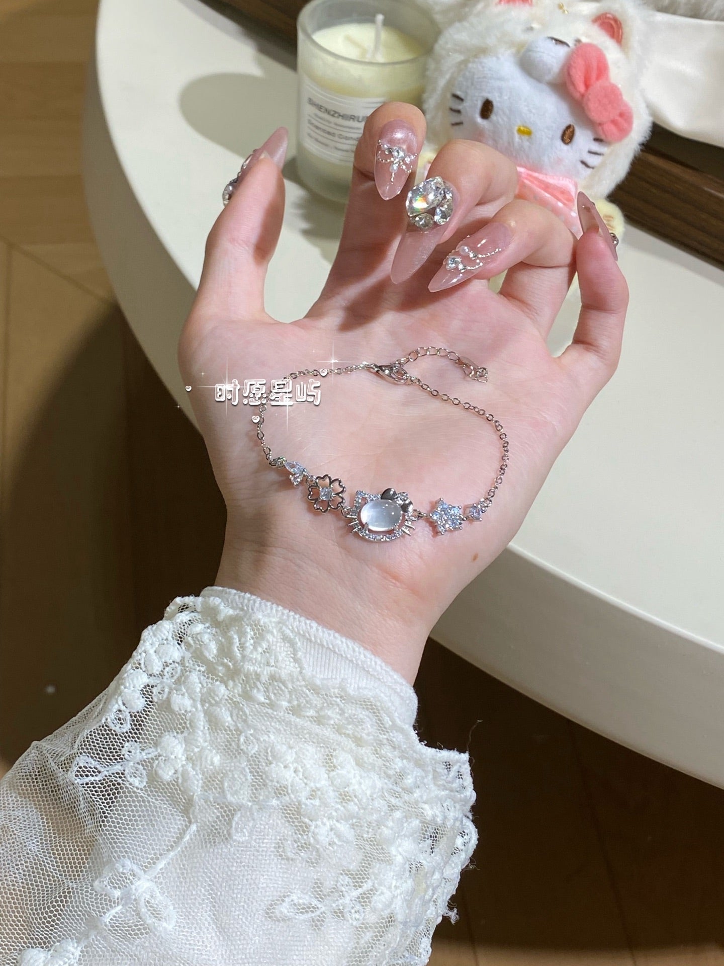 "Lover's Kitten" Ice-Rose Quartz Bracelet - Sparkling Cat Silhouette for Love, Social Harmony & Gentle Radiance