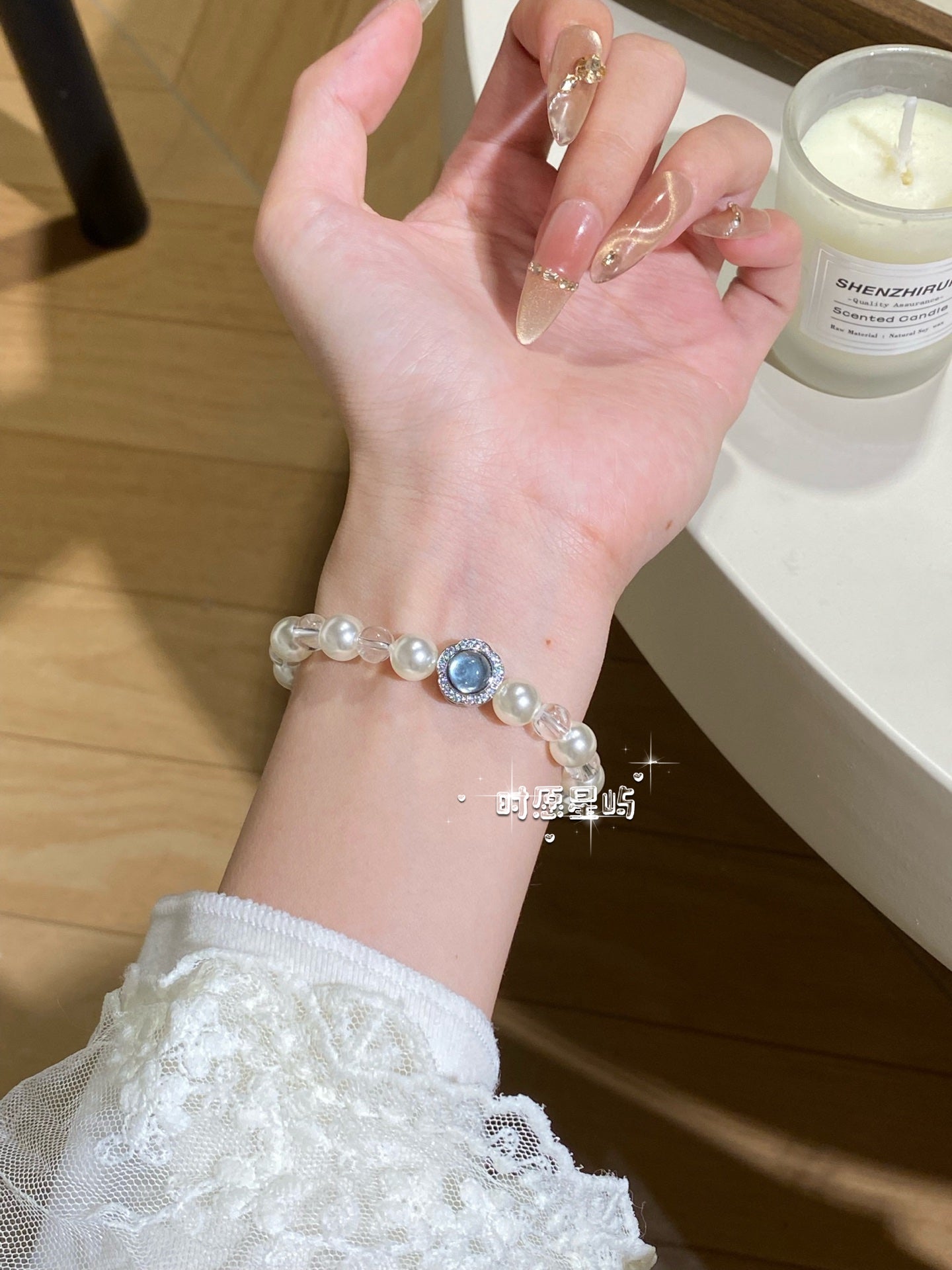 "Sea Salt Cheese" Creamy Pearl & Clear Quartz Bracelet - Sparkling Blue Zircon Accent for Energy Balance & Aura Protection