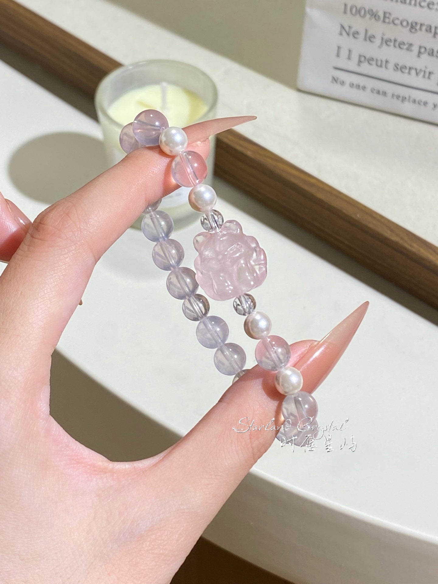 "Sweetheart Fox" Peach Soda Rose Quartz Bracelet - Natural Pink Crystal with Mother-of-Pearl Accents for True Love & Healing