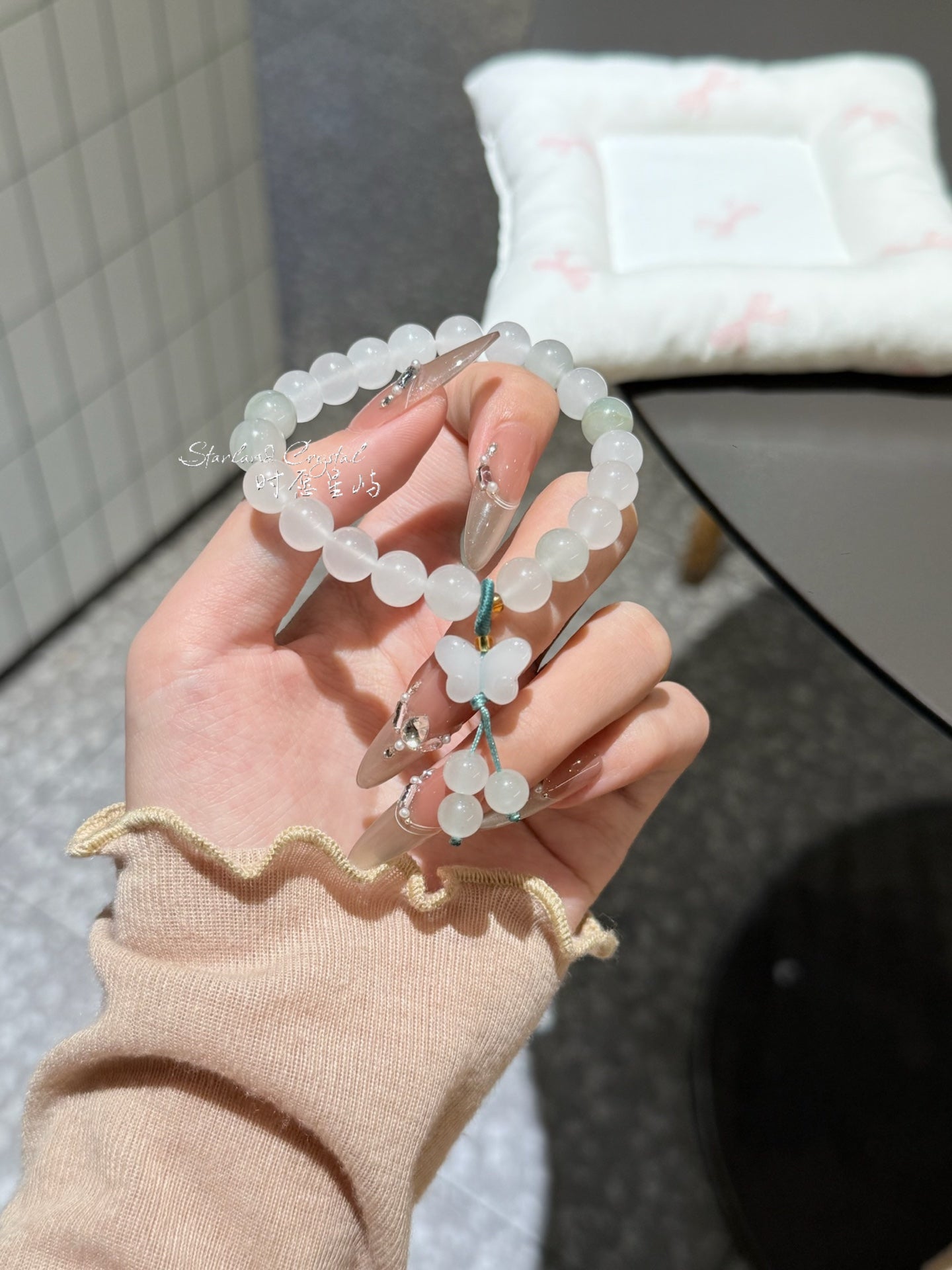 "Ethereal Butterfly" Tianshan Green Jade Bracelet - Natural Translucent Jadeite with Dainty Butterfly Charm for Prosperity & Joy