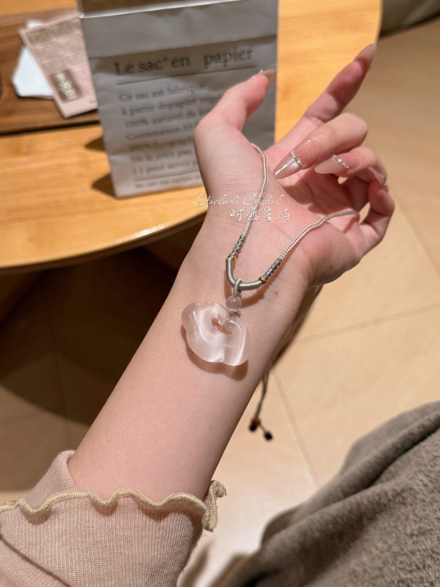 "Ballet Ribbon" Powder Pink Cat’s-Eye Peace Lock Necklace - Luminous Ruyi Pendant for Romance, Inner Peace & Gentle Radiance