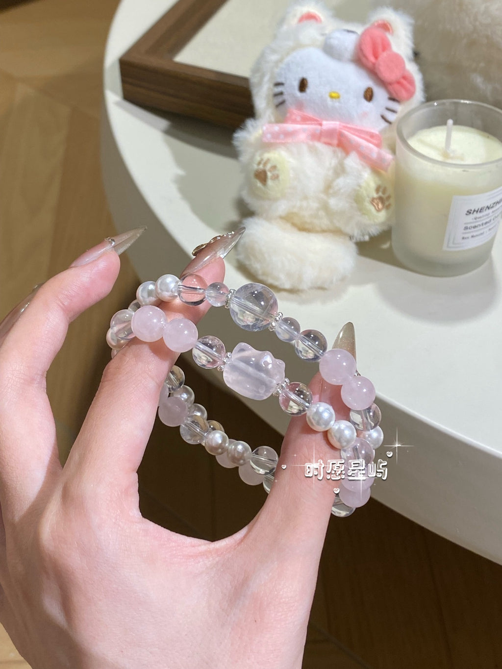 Peach Sorbet: Adorable Kitty Rose Quartz Double-Wrap Bracelet - Natural Pink Crystal & Clear Quartz Jewelry for Girls