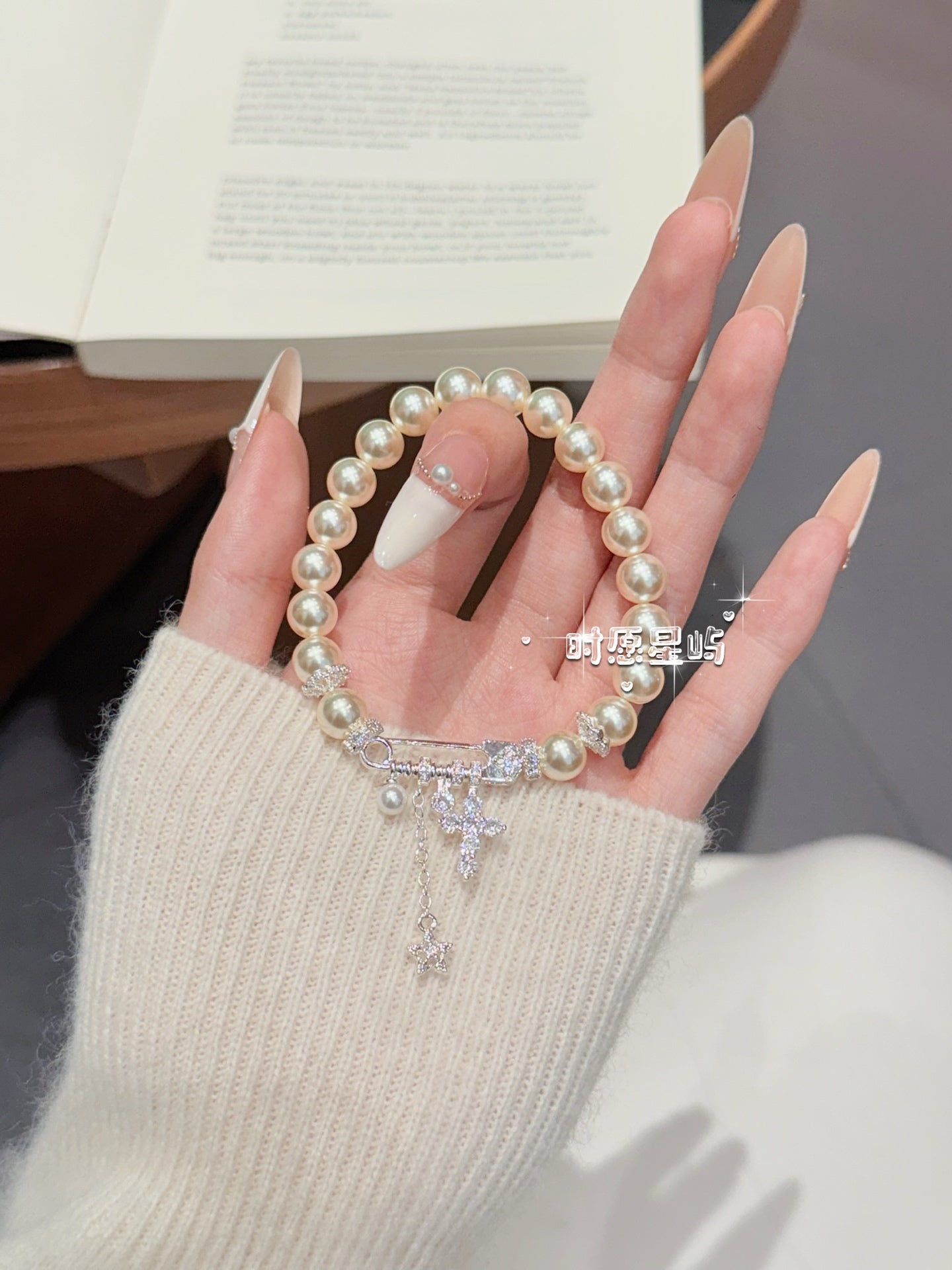 "Milky Way Star" Pearl Bracelet - S925 Silver Safety Pin & Pavé Cross Charms for Elegance, Protection & Radiant Glow