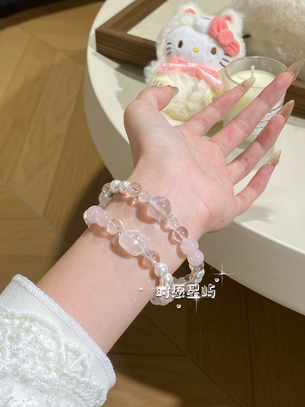 Peach Sorbet: Adorable Kitty Rose Quartz Double-Wrap Bracelet - Natural Pink Crystal & Clear Quartz Jewelry for Girls