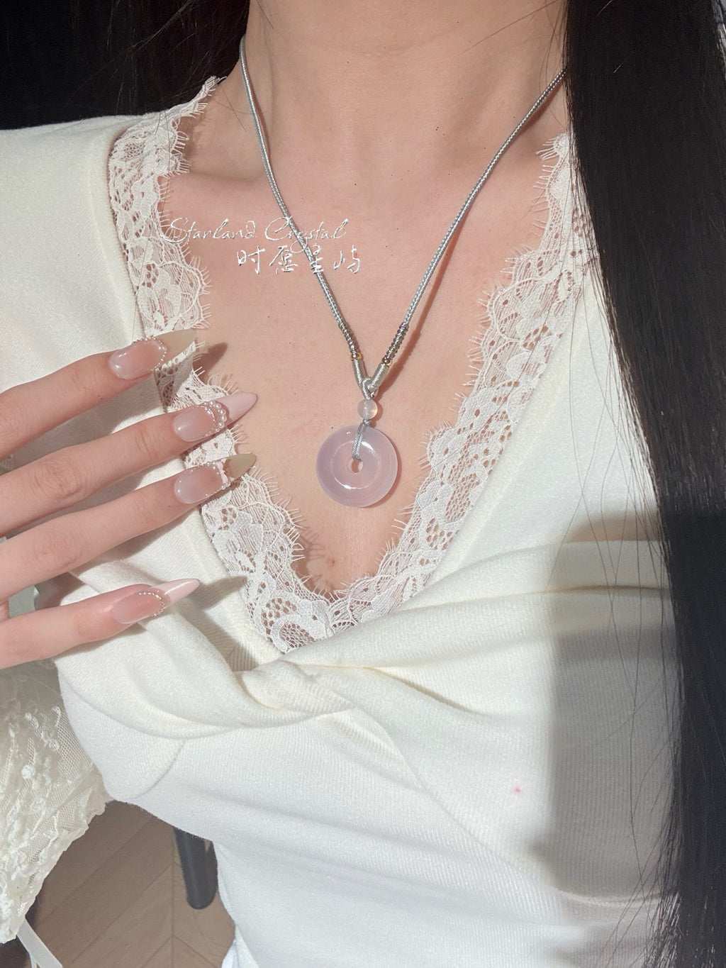 "Lavender Serenity" Natural Purple Chalcedony Peace Disc Necklace - Translucent Jadeite-Textured Pendant for Peace, Elegance & Emotional Calm