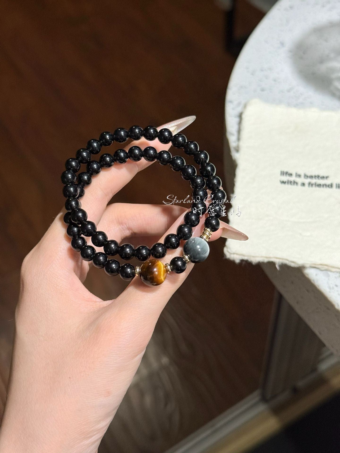 "Interstellar" Slim Double-Wrap Bracelet (6mm Edition) - Natural Black Obsidian & Tiger’s Eye for Wealth, Protection & Positive Energy