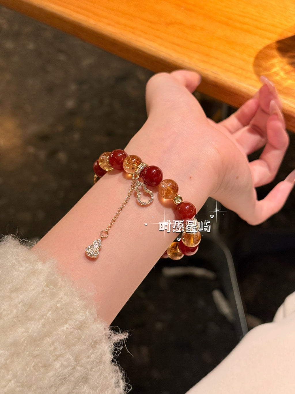 Golden Fortune: Red Agate & Yellow Phantom Quartz Bracelet with Diamond Gourd Charm - Prosperity & Protection Healing Jewelry