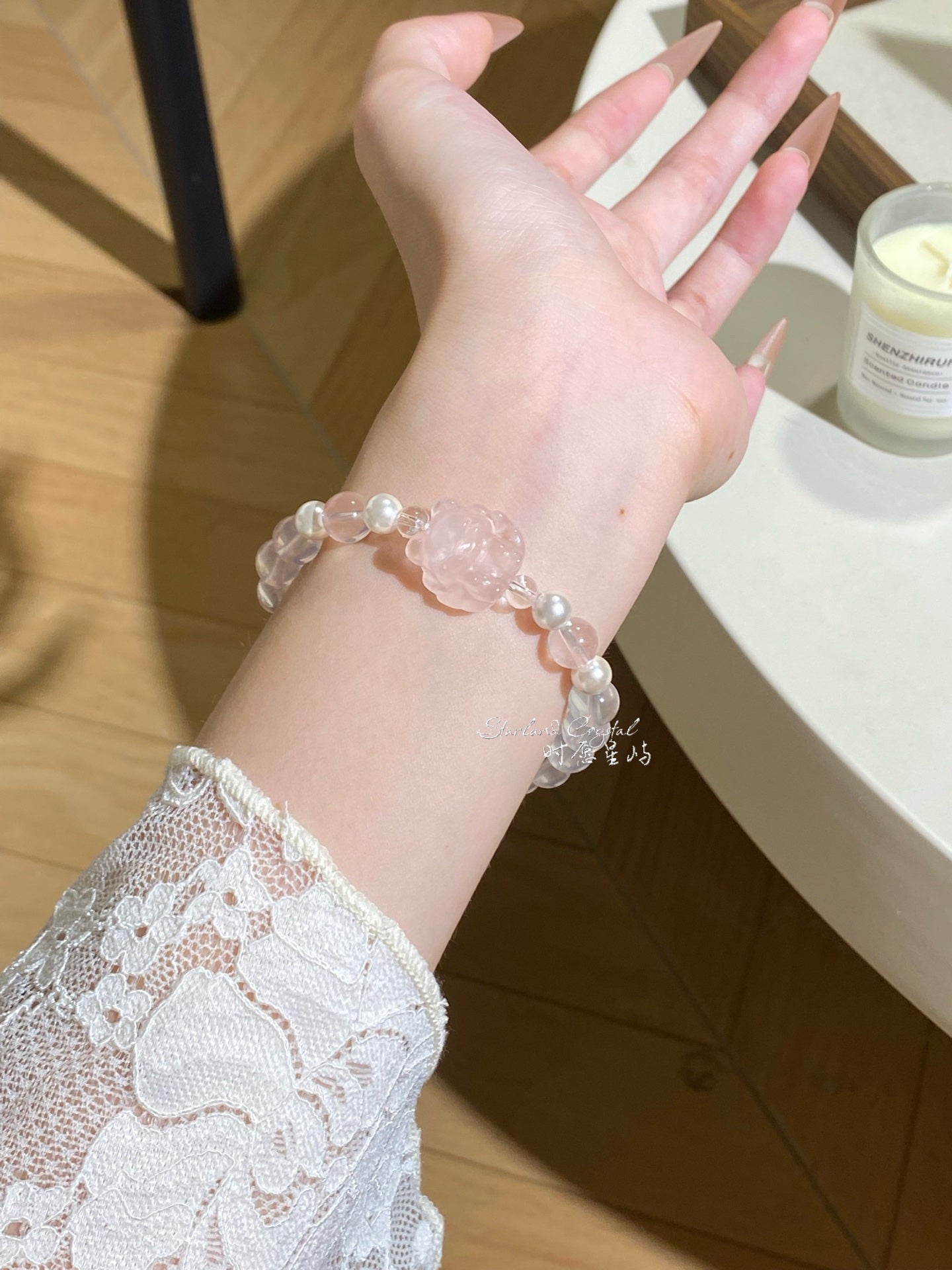 "Sweetheart Fox" Peach Soda Rose Quartz Bracelet - Natural Pink Crystal with Mother-of-Pearl Accents for True Love & Healing
