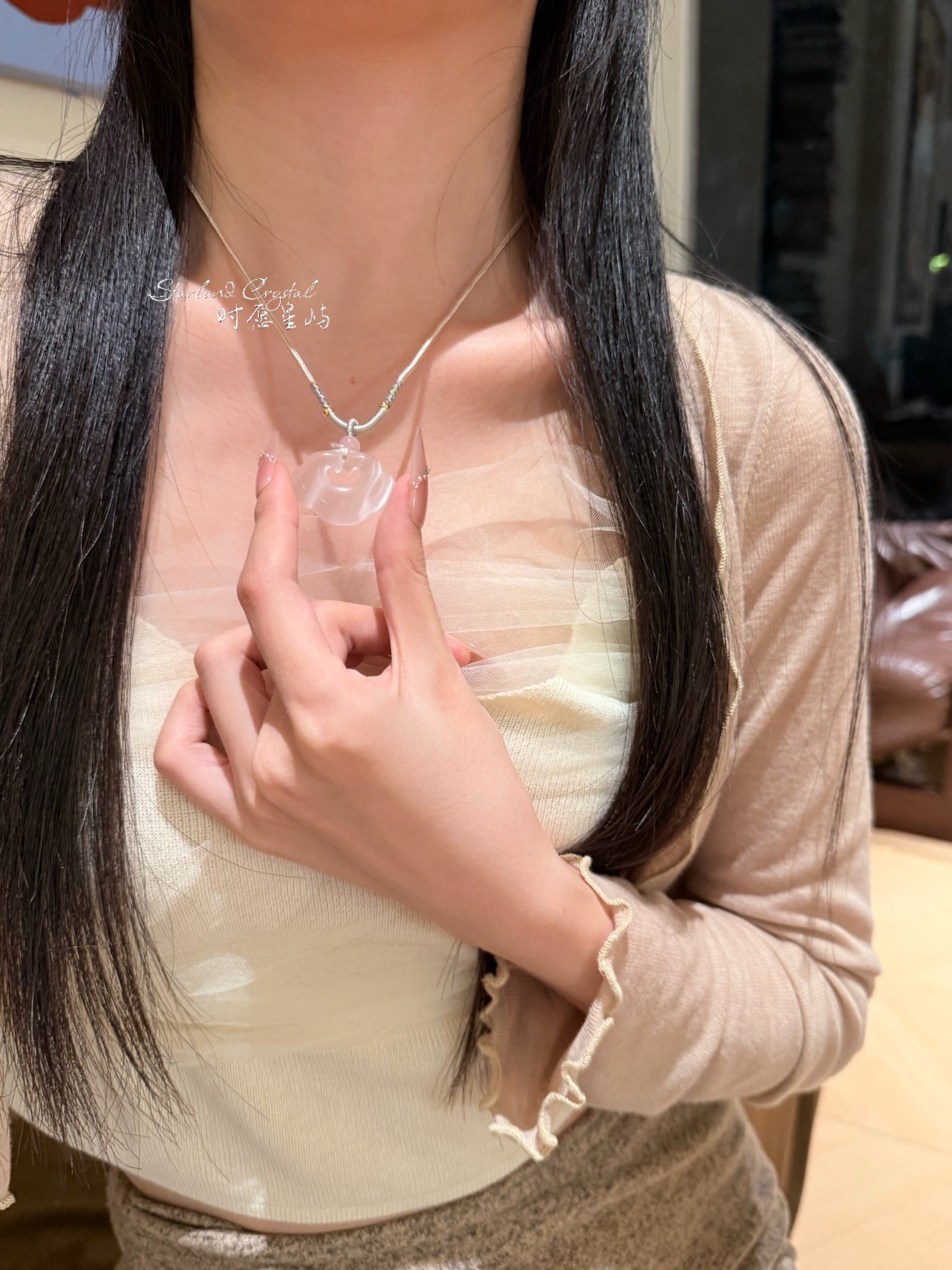 "Ballet Ribbon" Powder Pink Cat’s-Eye Peace Lock Necklace - Luminous Ruyi Pendant for Romance, Inner Peace & Gentle Radiance