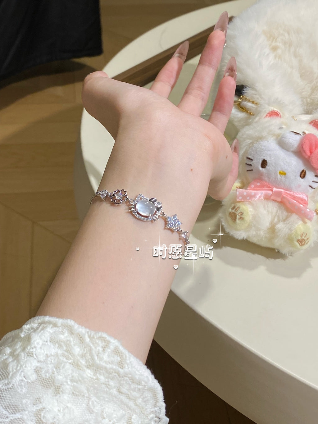 "Lover's Kitten" Ice-Rose Quartz Bracelet - Sparkling Cat Silhouette for Love, Social Harmony & Gentle Radiance