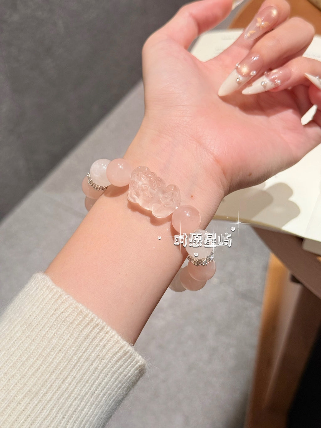 Mystic Rose Quartz PiXiu Guardian Bracelet - Natural White Phantom & Crystal Beads for Love & Luck (Handmade)