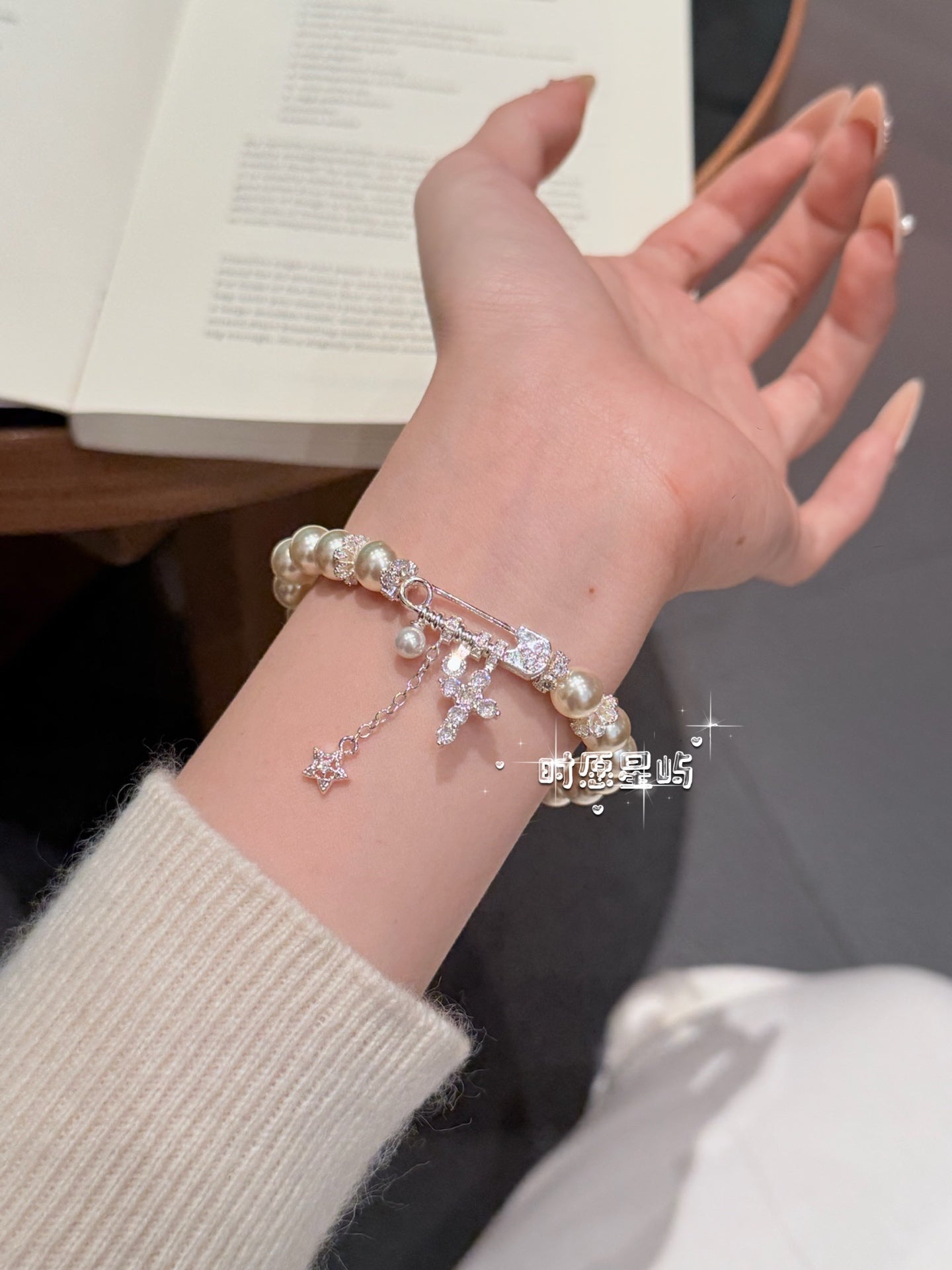 "Milky Way Star" Pearl Bracelet - S925 Silver Safety Pin & Pavé Cross Charms for Elegance, Protection & Radiant Glow