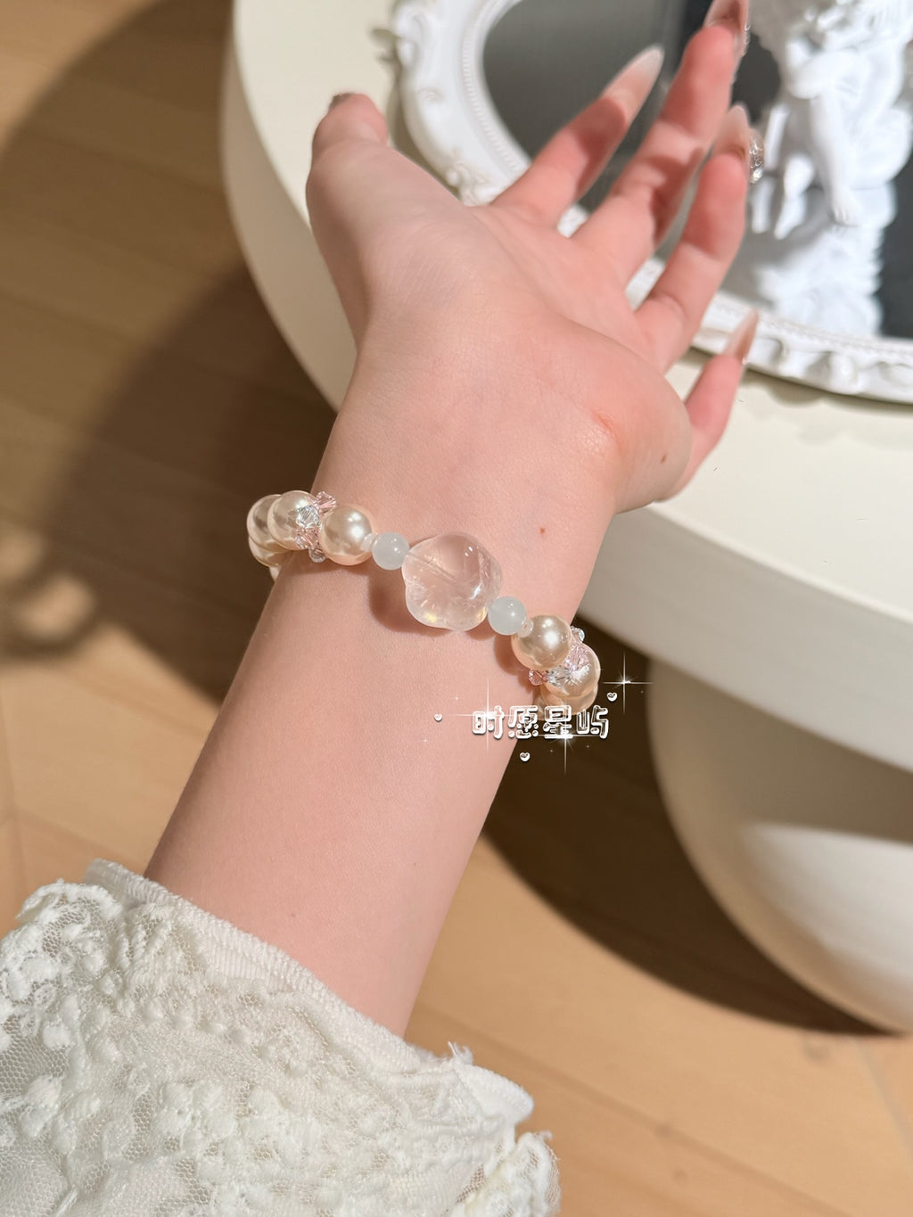 "Sea Salt White Tea" Natural Aquamarine & Rose Quartz Flower Bracelet - Dreamy Mother-of-Pearl Beads for Love, Calm & Anxiety Relief