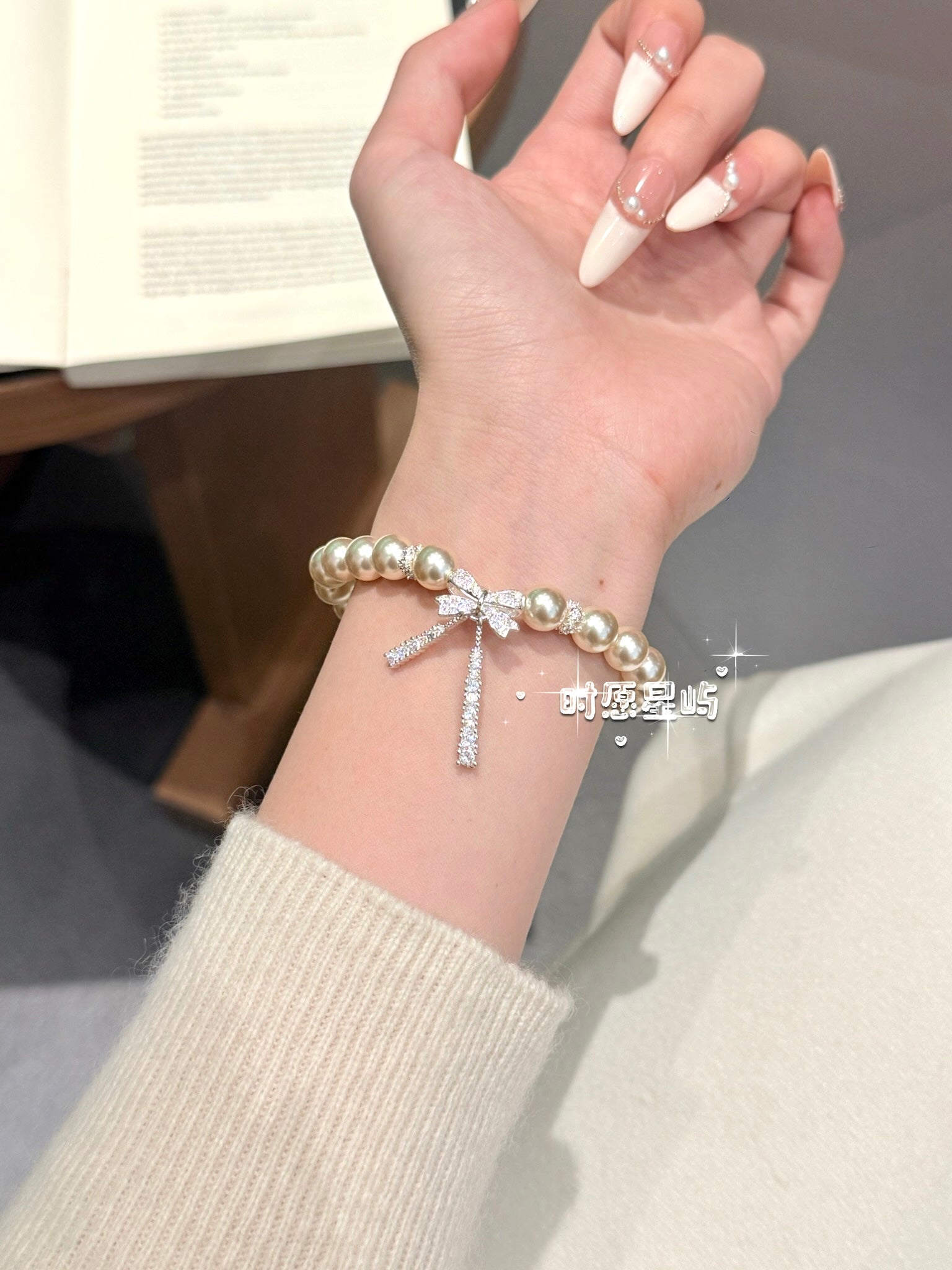 "Stellar Ribbon" Pearl Bracelet - S925 Silver Crystal Bow-Knot Charm for Romance, Elegance & Inner Youth