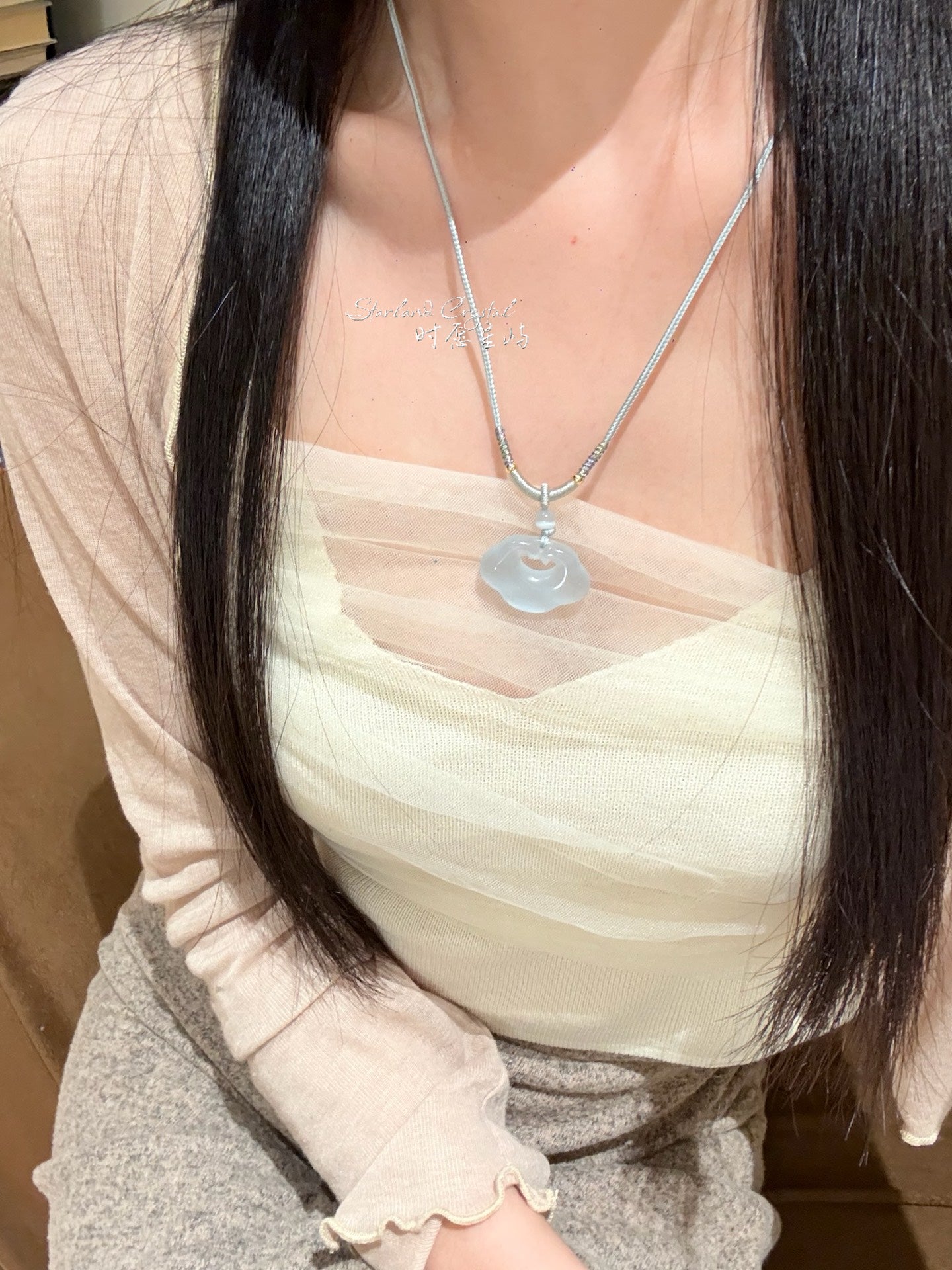 "Ice Mist" Sky Blue Cat’s-Eye Peace Lock Necklace - Translucent Ruyi Pendant for Clarity, Inner Peace & Ethereal Grace