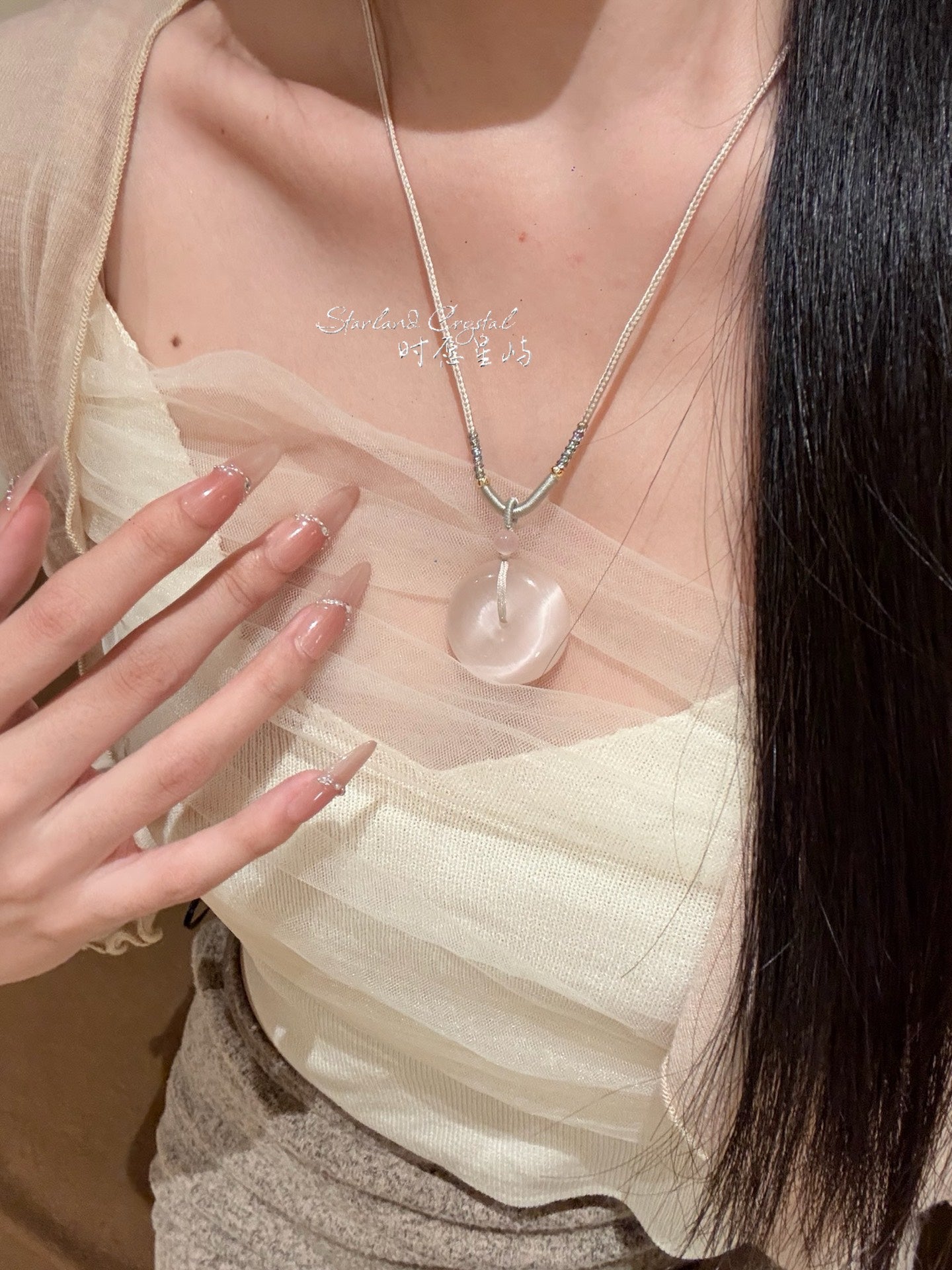 "Cherry Blossom Halo" Powder Pink Cat’s-Eye Peace Disc Necklace - Minimalist Round Pendant for Romance, Inner Calm & Radiant Grace