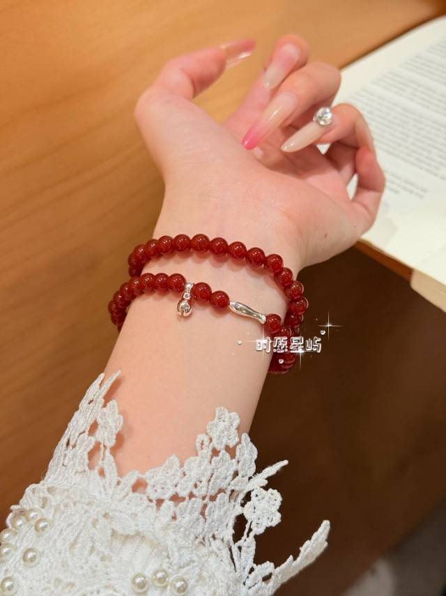 "Silver Fish & Red Agate" Double-Wrap Bracelet - Natural Red Agate Beads with Sterling Silver Charm for Luck, Wellness & Prosperity