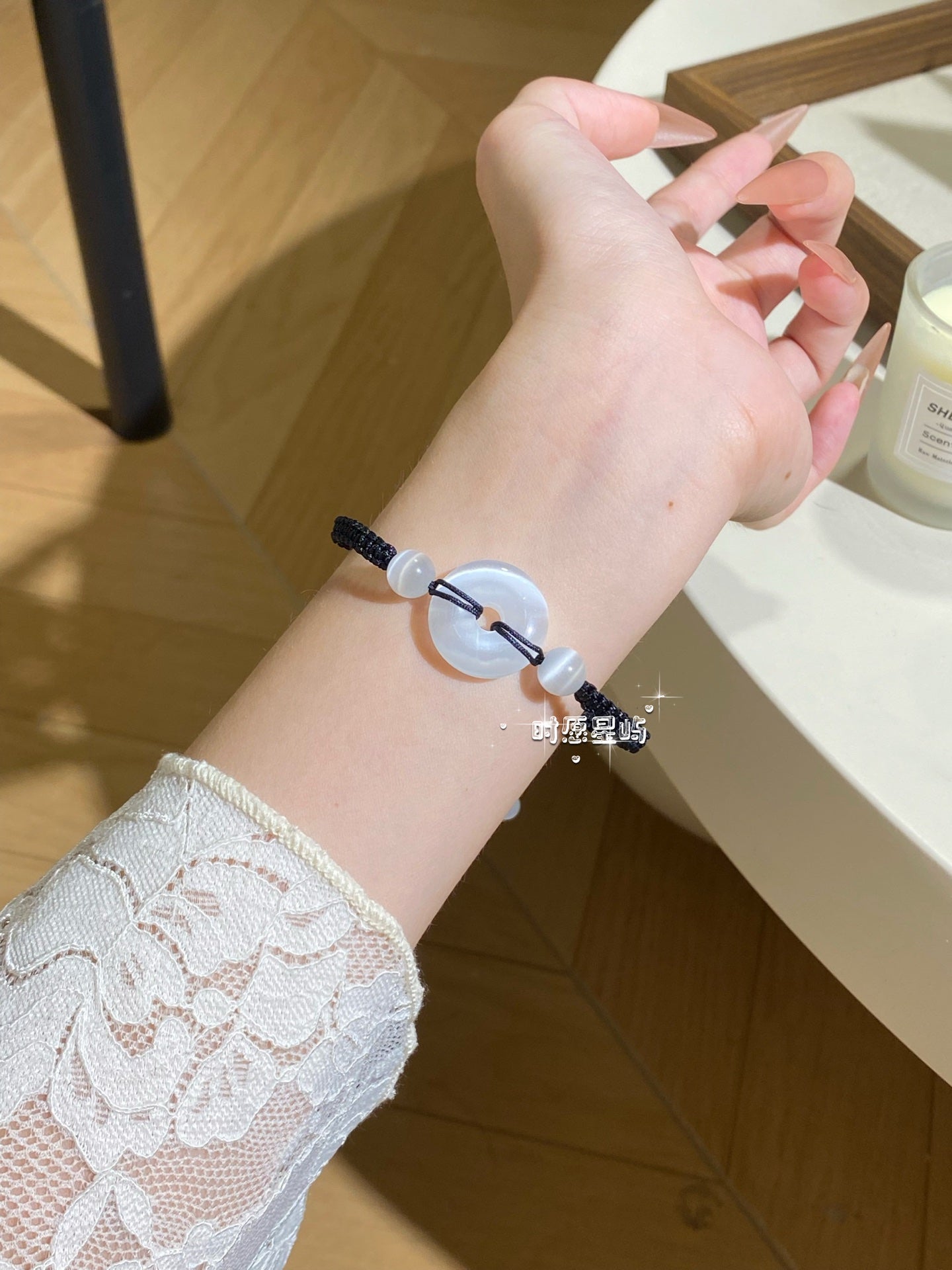 "Lunar Eye" Deep Blue Cat’s-Eye Peace Disc Bracelet - Hand-Woven Black Cord for Protection, Serenity & Cool-Toned Elegance