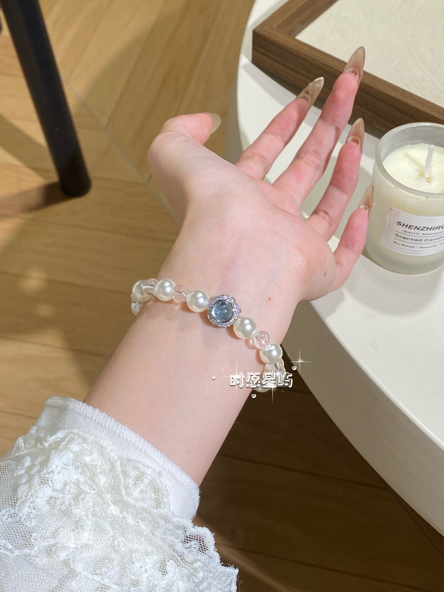 "Sea Salt Cheese" Creamy Pearl & Clear Quartz Bracelet - Sparkling Blue Zircon Accent for Energy Balance & Aura Protection